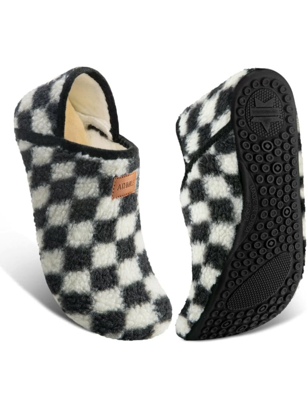 Women's Black Checkered Barefoot Socks Furry Cozy Fleece Slip On Indoor Slippers